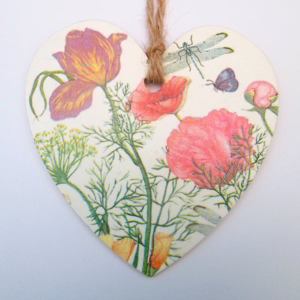 Garden flowers wood decoupage heart hanging decoration