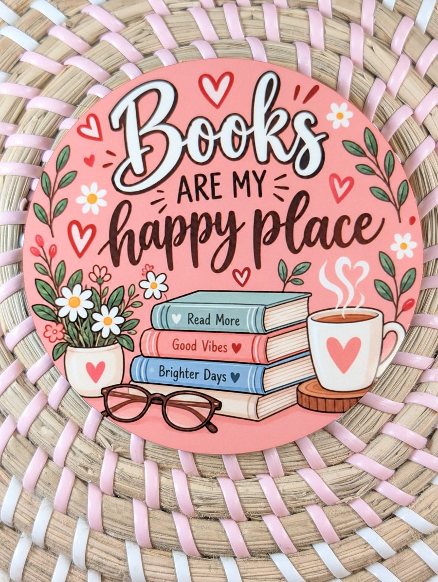 Book lover coaster 'Books are my happy place' cosy reading coaster