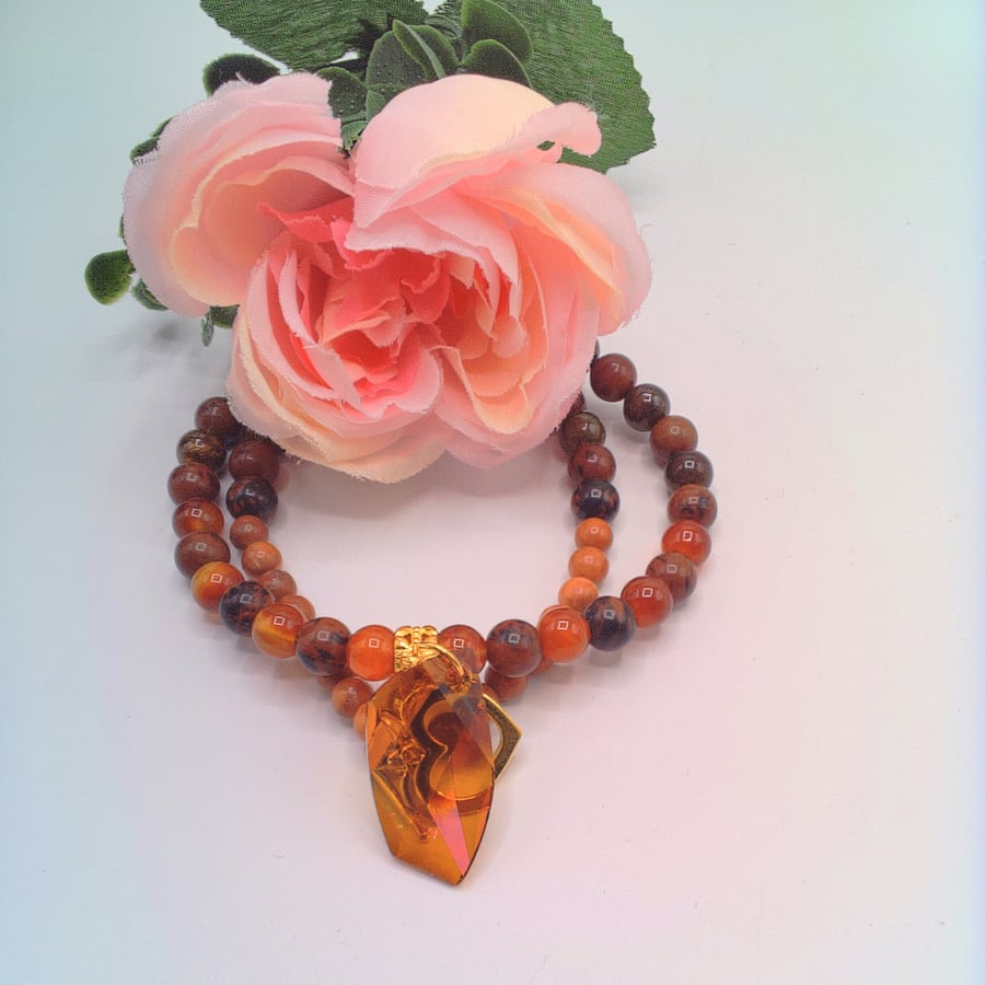 Copper Crystal Pendant Necklace on a Mixed Bead Necklace, Gift for Her, Necklace