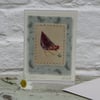 Pretty little hand-stitched hen card, feather print background - card to keep!