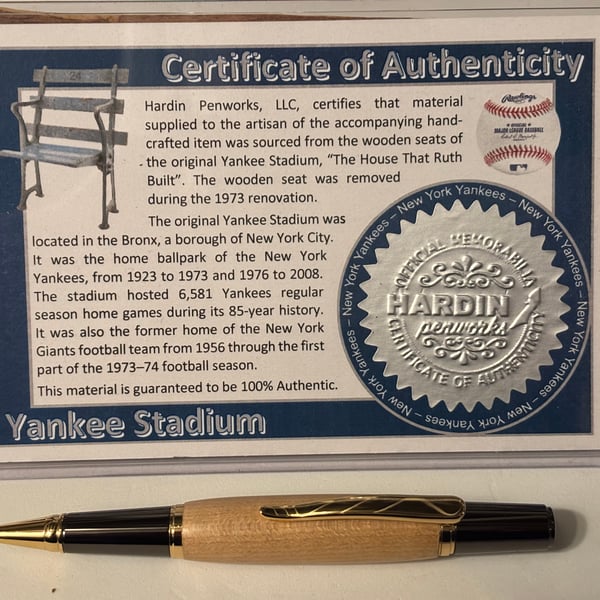 Yankee Stadium Ballpoint Pen Handmade Using Reclaimed Wood from Stadiium Seats