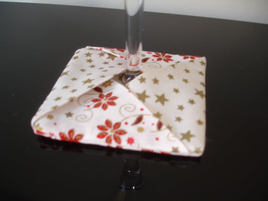 Wine Glass Coaster Christmas Poinsettia Cotton Fabric Washable