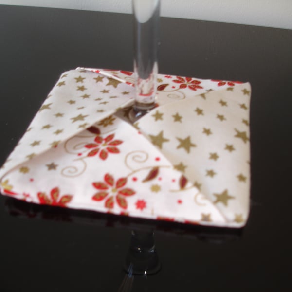 Wine Glass Coaster Christmas Poinsettia Cotton Fabric Washable