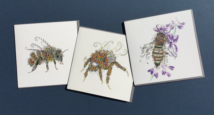 A trio of 3 beautiful Bee Greeting cards 