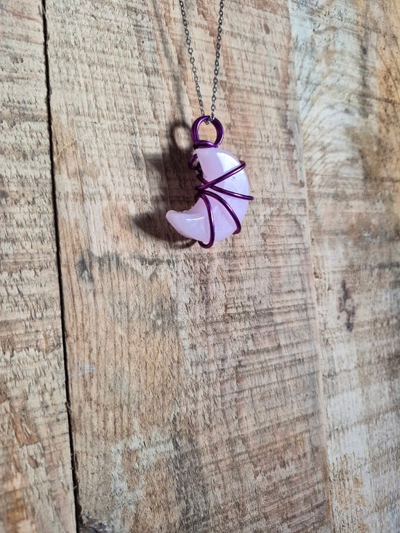 Pink Crescent Moon Pendant Necklace – Handmade Resin Moon with Purple Wire Wrap
