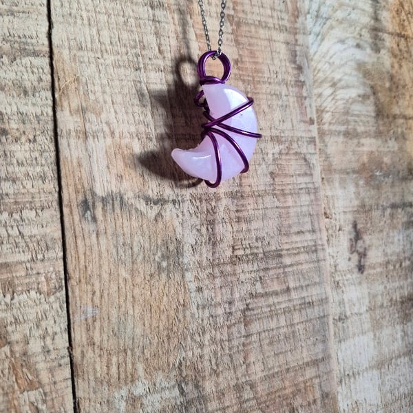 Pink Crescent Moon Pendant Necklace – Handmade Resin Moon with Purple Wire Wrap