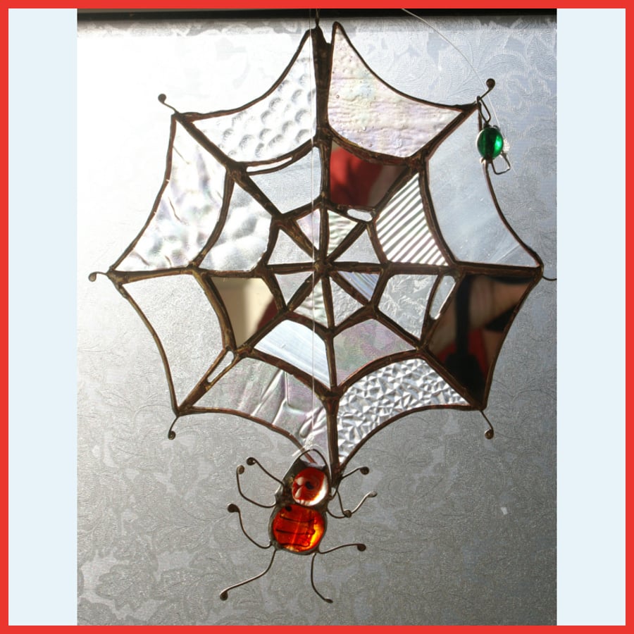  Spider's  Web Suncatcher Stained Glass with greenfly