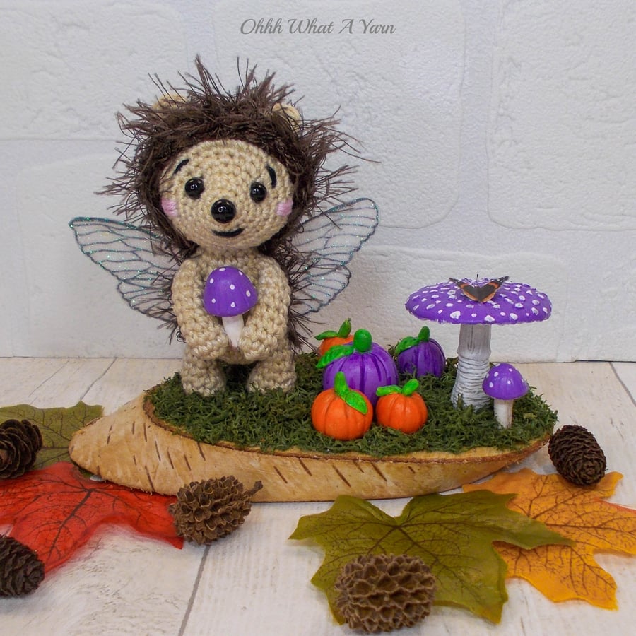 Crochet hedgehog, pumpkins and toadstool sculpture. Hedgehog ornament. 