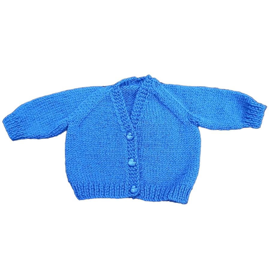 Hand knitted mid blue baby v neck cardigan with duck buttons Seconds Sunday