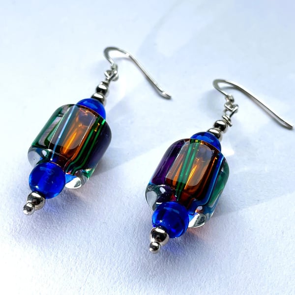 Blue lampwork stripey earrings