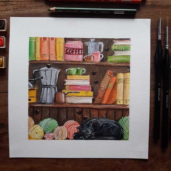 Coffee and books original art