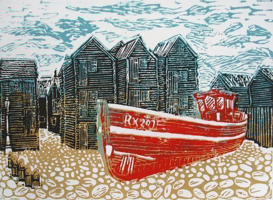 Hastings Net Shops, East Sussex - Original Hand Pressed Limited Edition Linocut 