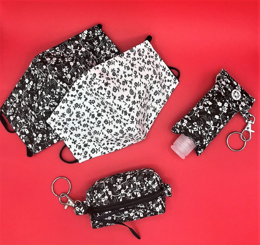 Black and White Floral Face mask, hand gel holder and keyring bag gift set