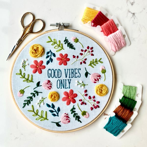 FULL KIT - 'Good Vibes Only', Embroidery Kit, Needlepoint, Beginners Embroidery