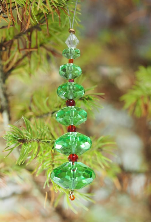Recycled Green & Red Crystal Bead Tree Ornament