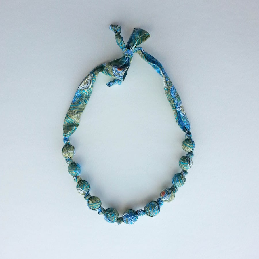 Turquoise Liberty Print Fabric Necklace - Peacock Feather Print - Hera print