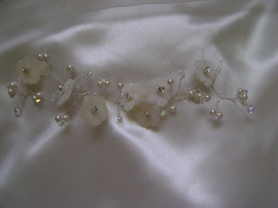 Cherie - Bridal Hair Vine - Carved Shell Flowers & Swarovski Crystals