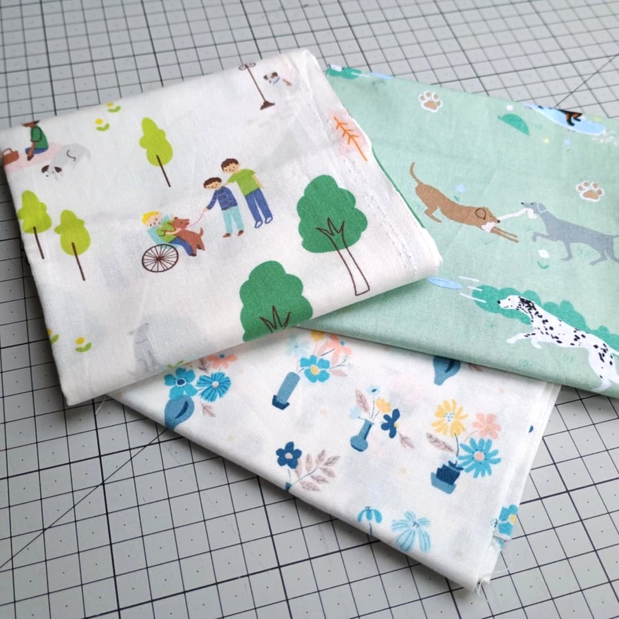 3 Fat Quarter Bundle - Riley Blake, Liberty, Craft Cotton - people dogs flowers