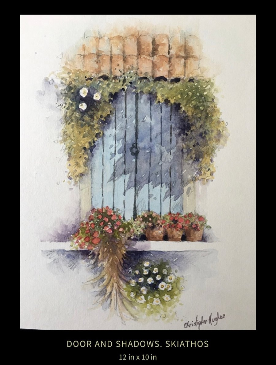 Blue Door and Shadows . Skiathos . Original watercolour painting 