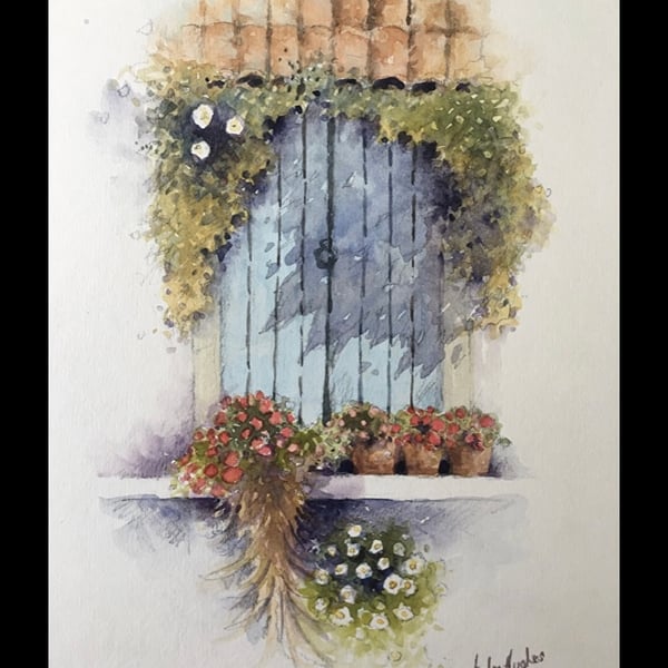 Blue Door and Shadows . Skiathos . Original watercolour painting 