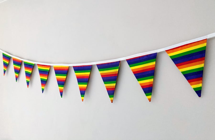 Rainbow striped double sided fabric bunting. Multicoloured stripes.