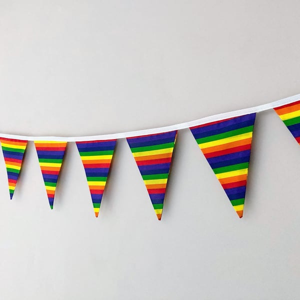 Rainbow striped double sided fabric bunting. Multicoloured stripes.
