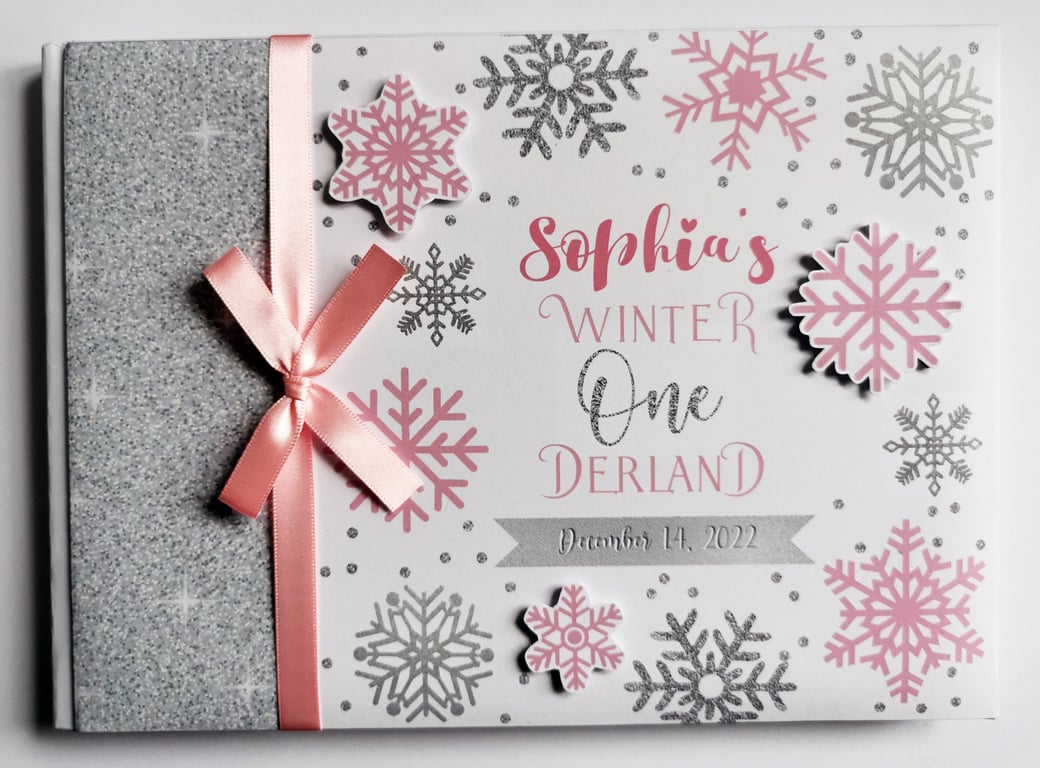 Winter Onederland girl's birthday guest book, Snowflakes birthday guest book
