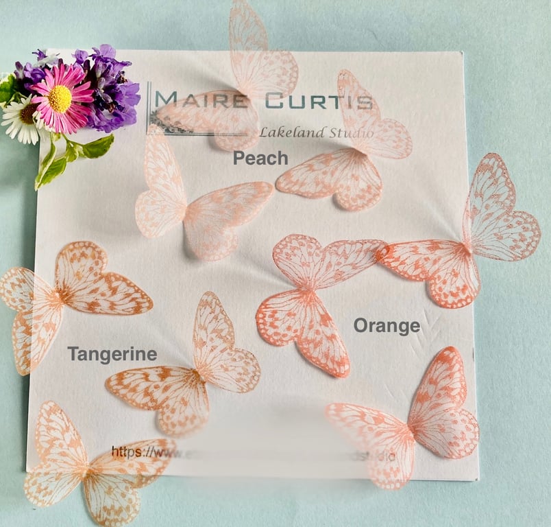 Hand printed silk butterflies in shades of orange. Two sizes.