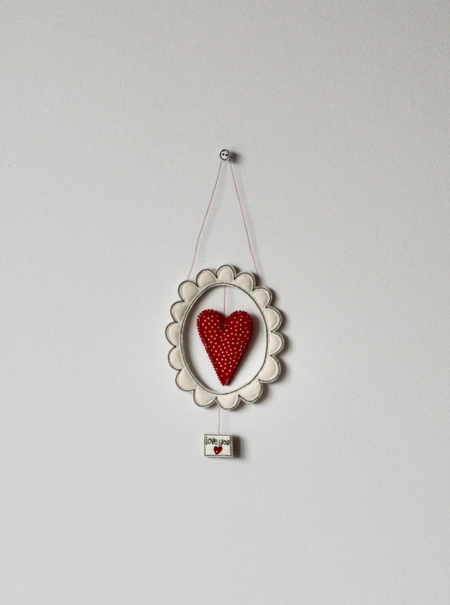 'Love you' - Heart Surrounded by a Scalloped Frame  - Hanging Decoration