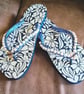 Shell Pearl And Ribbon Hand Decorated Blue Floral Flip Flops Size 5-6