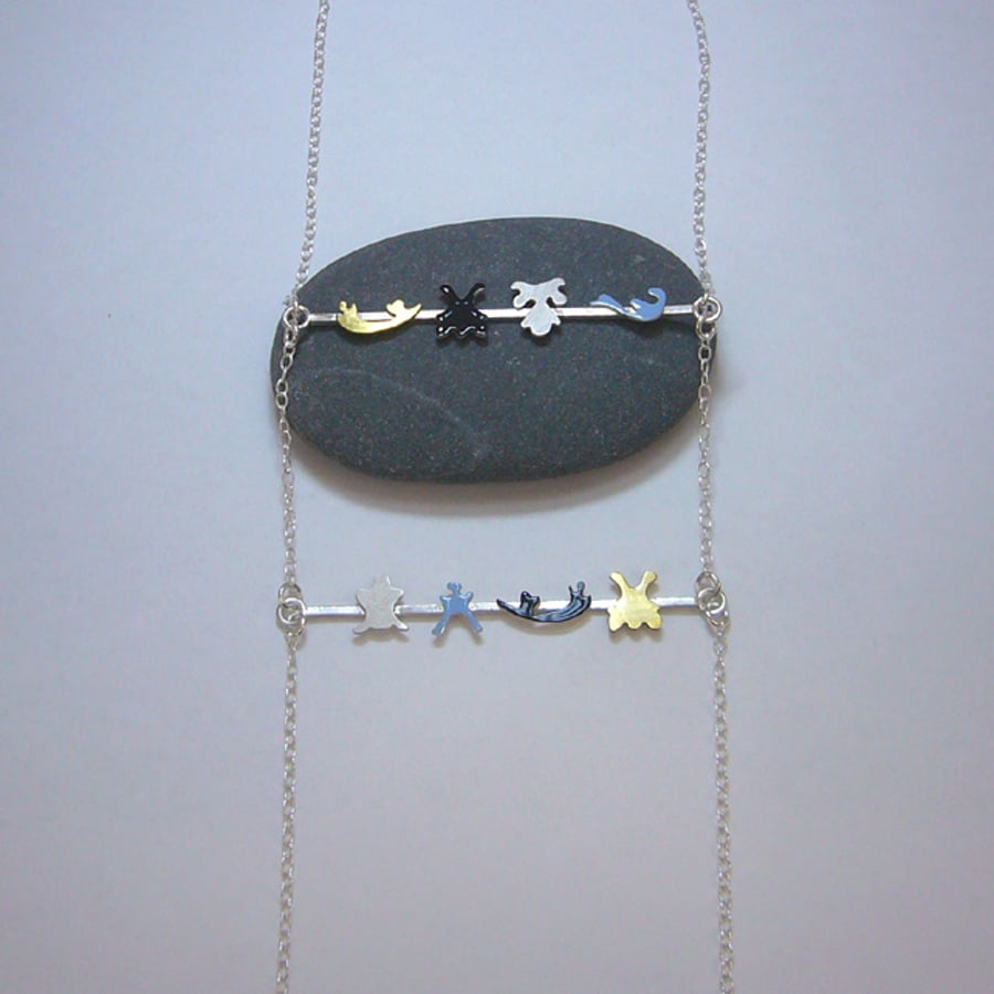 Sterling silver, brass & enamel double bar necklace