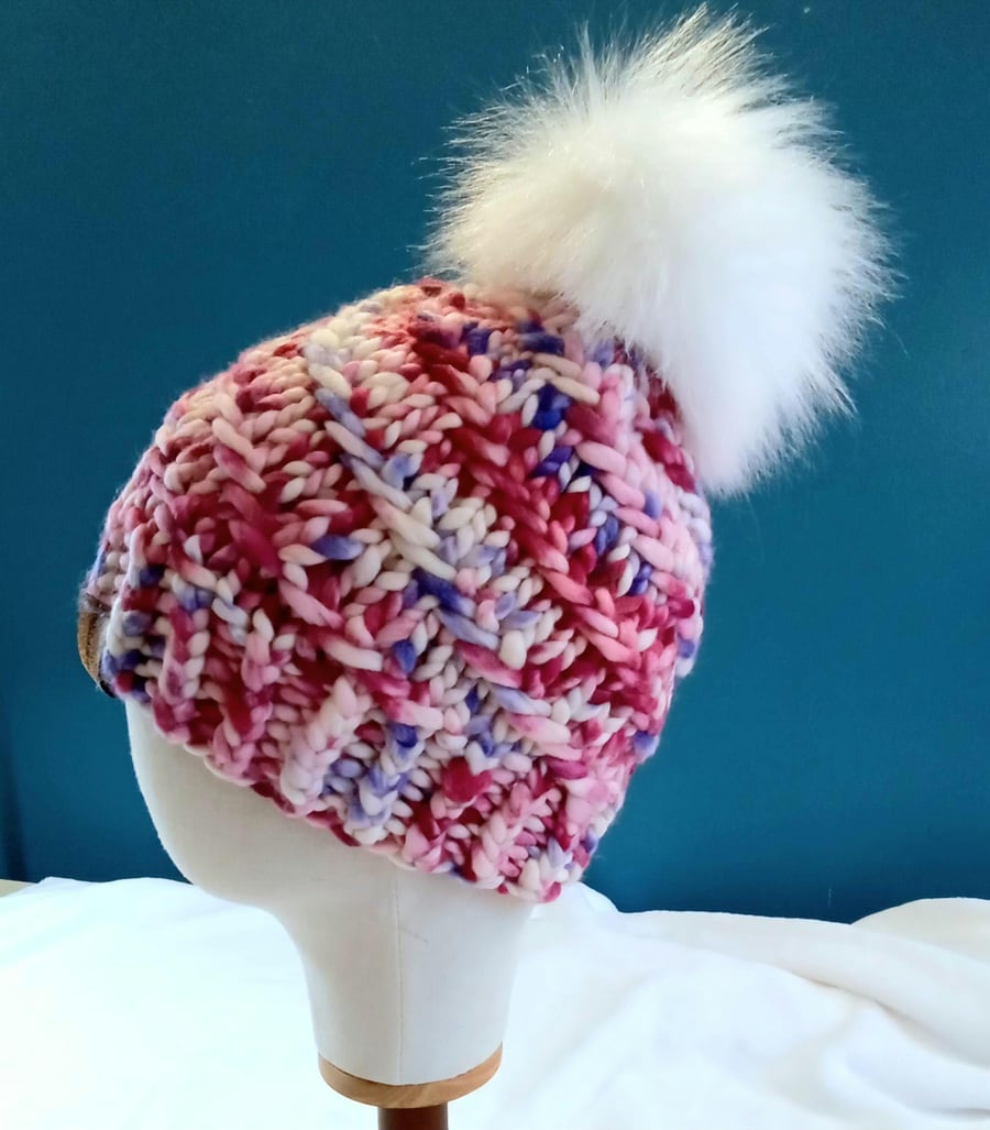 Pink Hand Knit Beanie Hat in Luxury Merino wool. With optional faux fur pom.