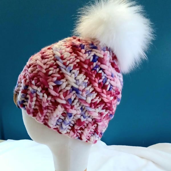 Pink Hand Knit Beanie Hat in Luxury Merino wool. With optional faux fur pom.