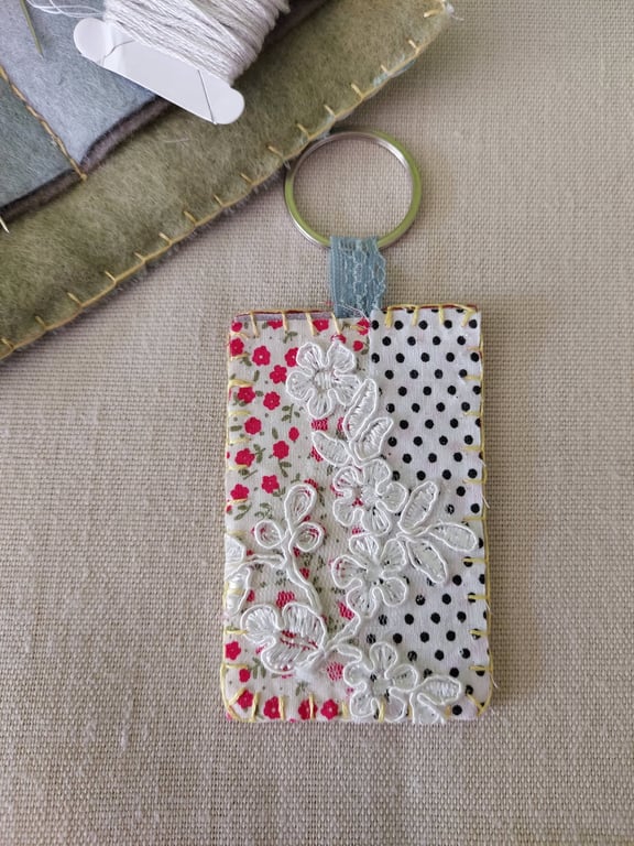 Slow-Stitch Key Fob - Polka Dot & Lace