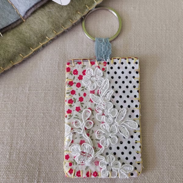 Slow-Stitch Key Fob - Polka Dot & Lace