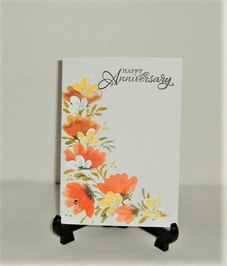 Hand painted floral anniversary greetings card ( ref F 417)