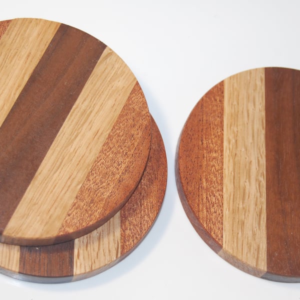 Wooden Drink Coasters, Black Walnut, Oak and Sapele Handmade Set of 3