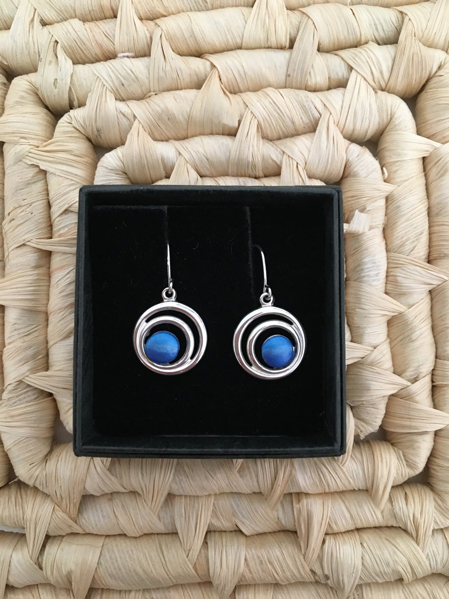 Double Circled  Blue  Drop Earrings