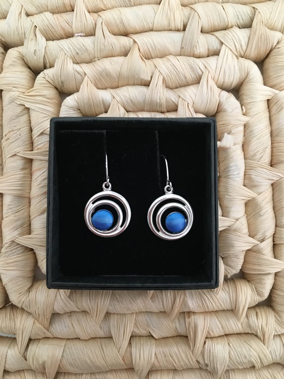 Double Circled  Blue  Drop Earrings