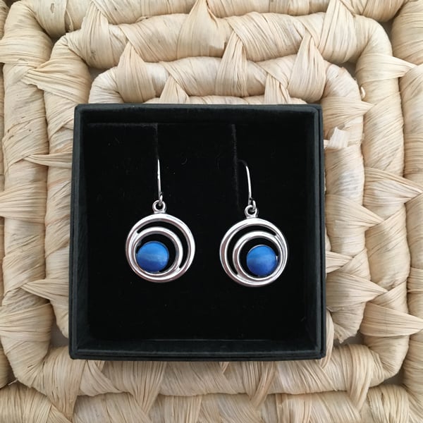 Double Circled  Blue  Drop Earrings