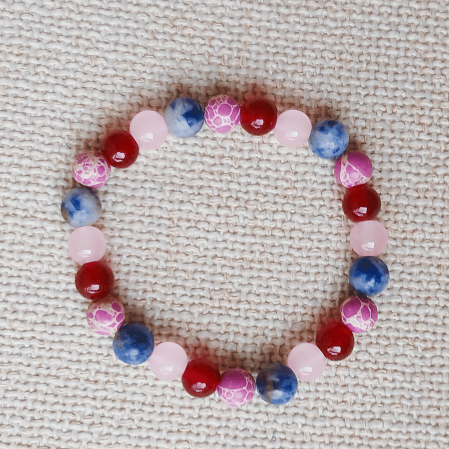 Ladies Red Jasper, Blue Tiger's Eye, and Rose Quartz Elastic Bead Bracelet