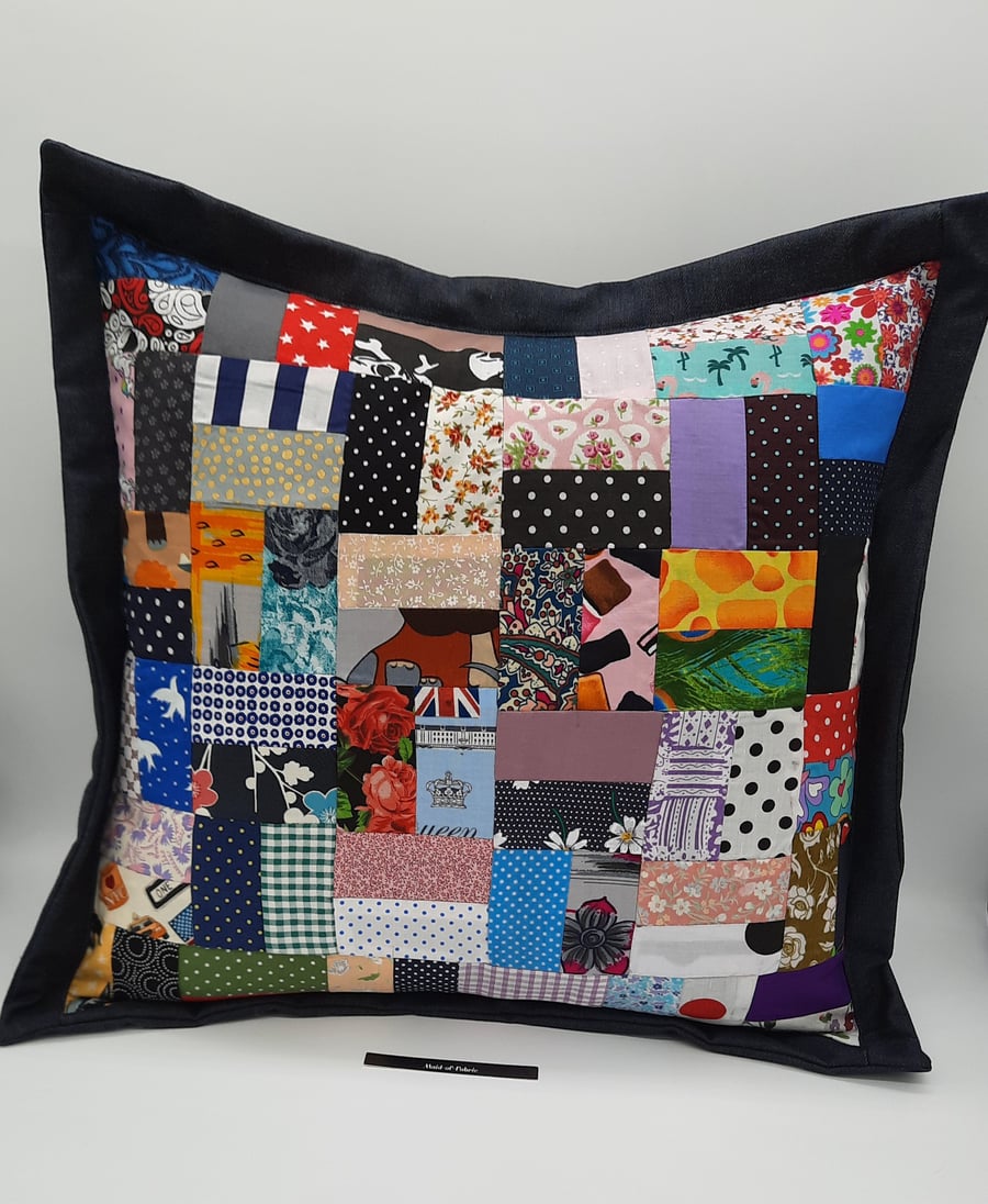 Denim patchwork 16" cushion cover. 