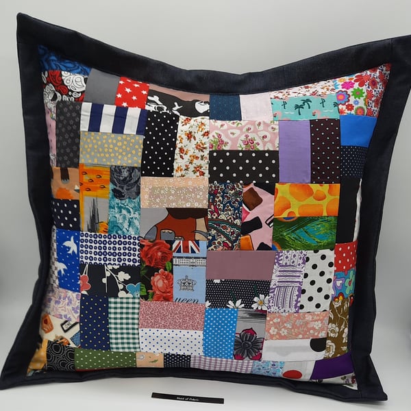 Denim patchwork 16" cushion cover. 