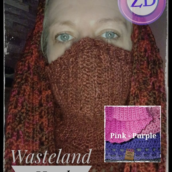 Crocheted Wasteland Hood Distressed Hooded Shawl Style Wrap - PINK PURPLE