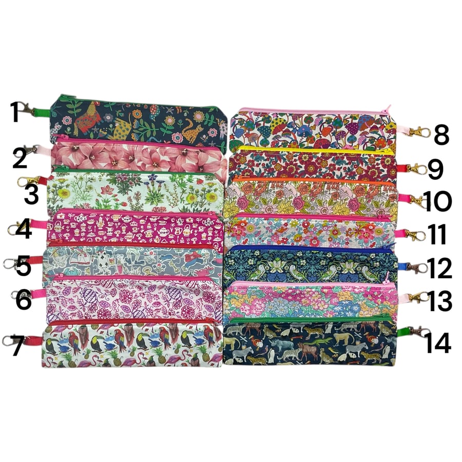 Liberty fabric slim pencil case, floral skinny zip pouch with lanyard clip, smal