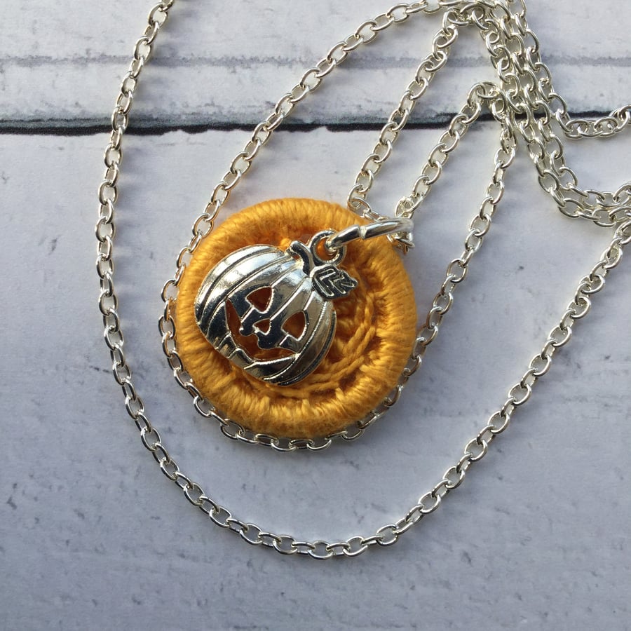 Dorset Button in Golden Orange with a Jack’o’Lantern Charm Necklace