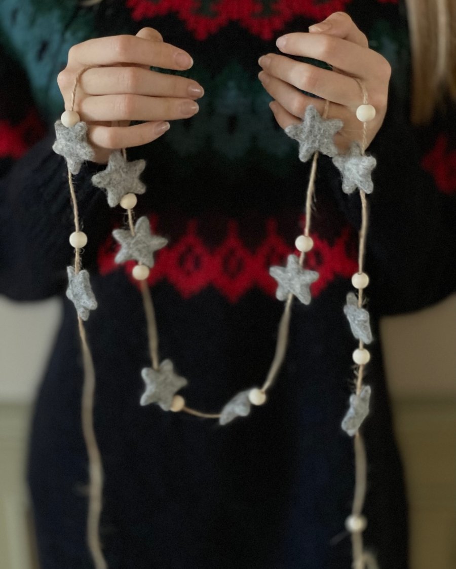 Needle Felt Ash Grey Star Garland
