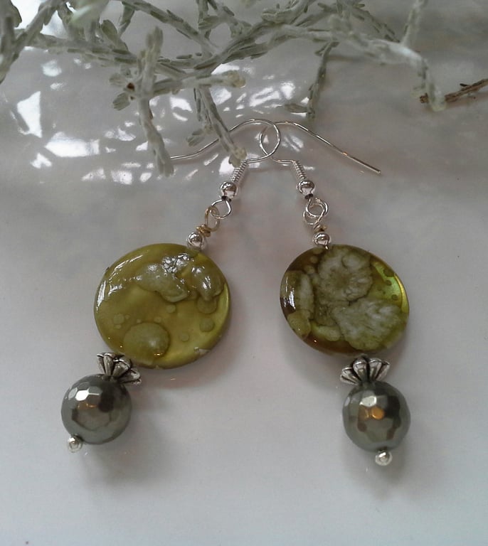 Lime Green Printed Mother of Pearl & Shell Pearl Silver Plated Earrings 