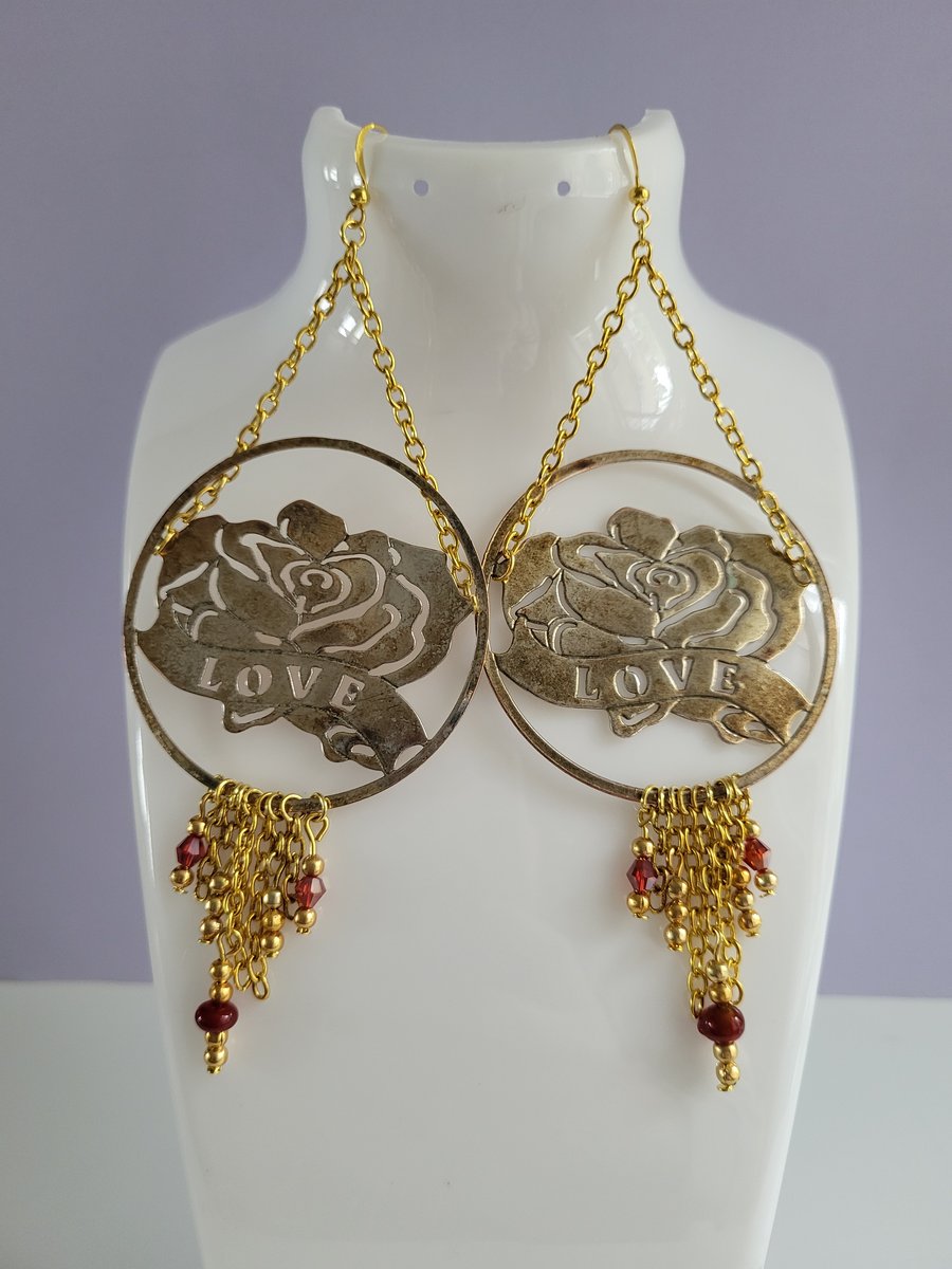 Gold Tone Rose Upcycled Statement Earrings. Clip on or Nickel Free Wires