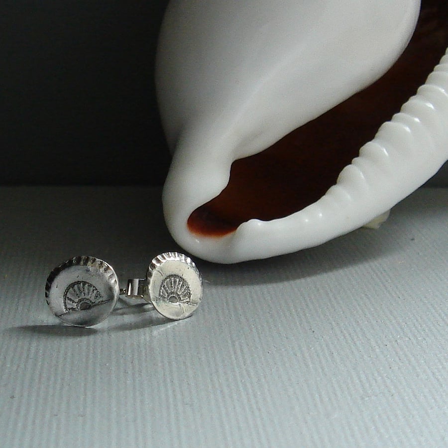 Art Deco Tiny Fan Sterling Silver Stud Earrings Cast From a Vintage Button 